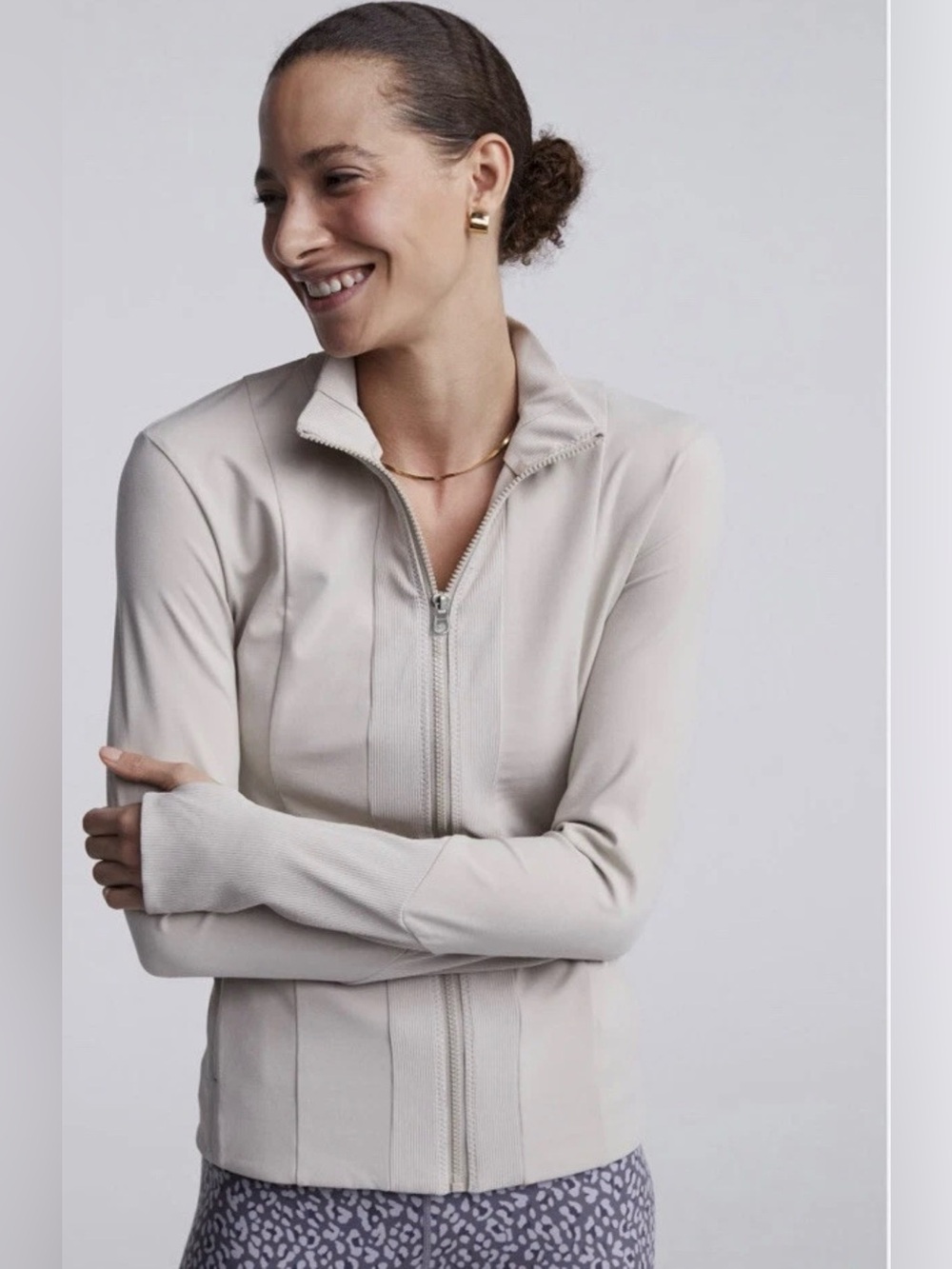 Varley Maywood Zip Front Track Jacket Light Beige Taupe Sz L Athleisure